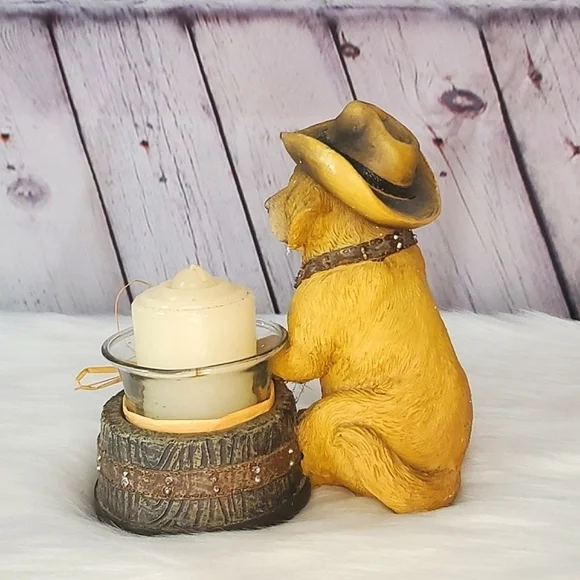 Western Cowboy Hat Yellow Labrador Retriever Dog Puppy Resin Candle Holder 6"x6" - Picture 7 of 16